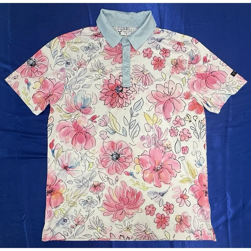 Yatta Golf Polo Men's Small Shirt Watercolor Floral Flowers Stretch UV Colorful